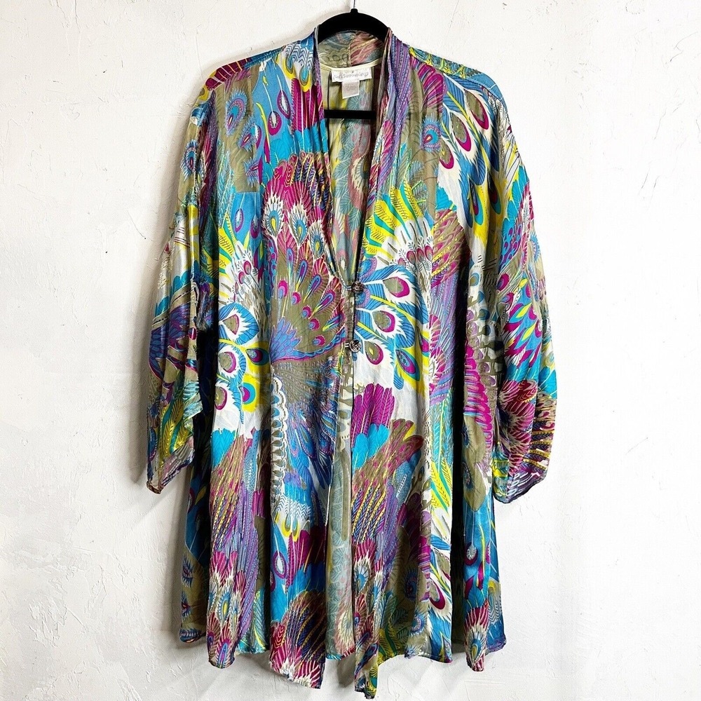 Soft Surroundings Peacock Kimono Large XL Cover Up Colorful Art to Wear Womens